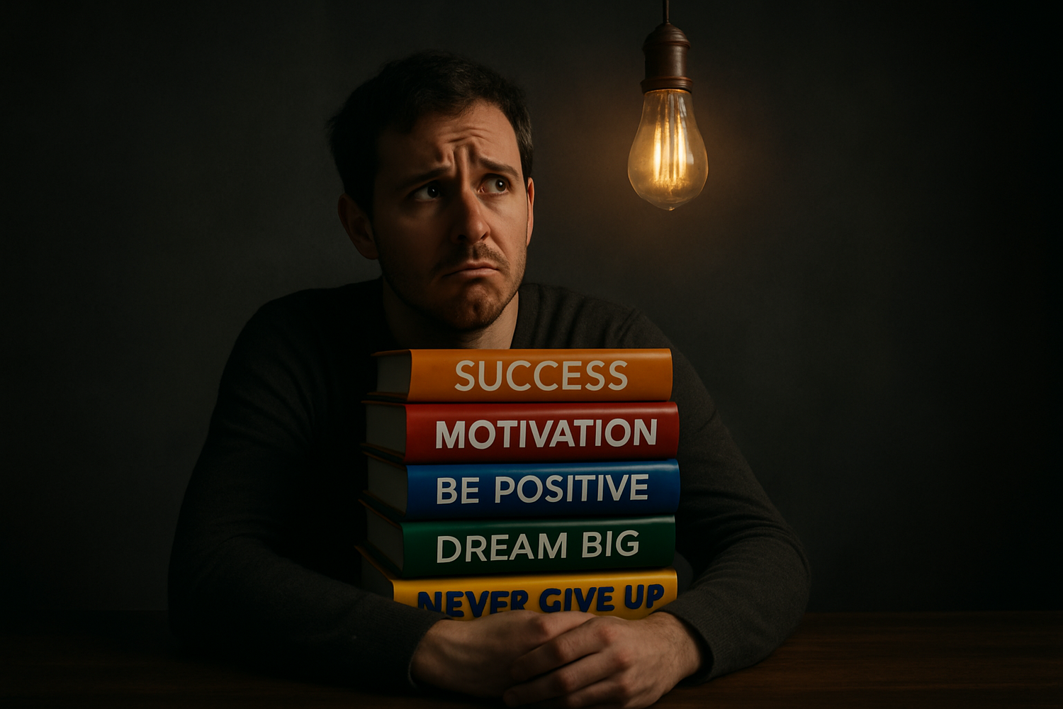 A glowing light bulb starting to fade, or someone holding motivational books but looking lost.