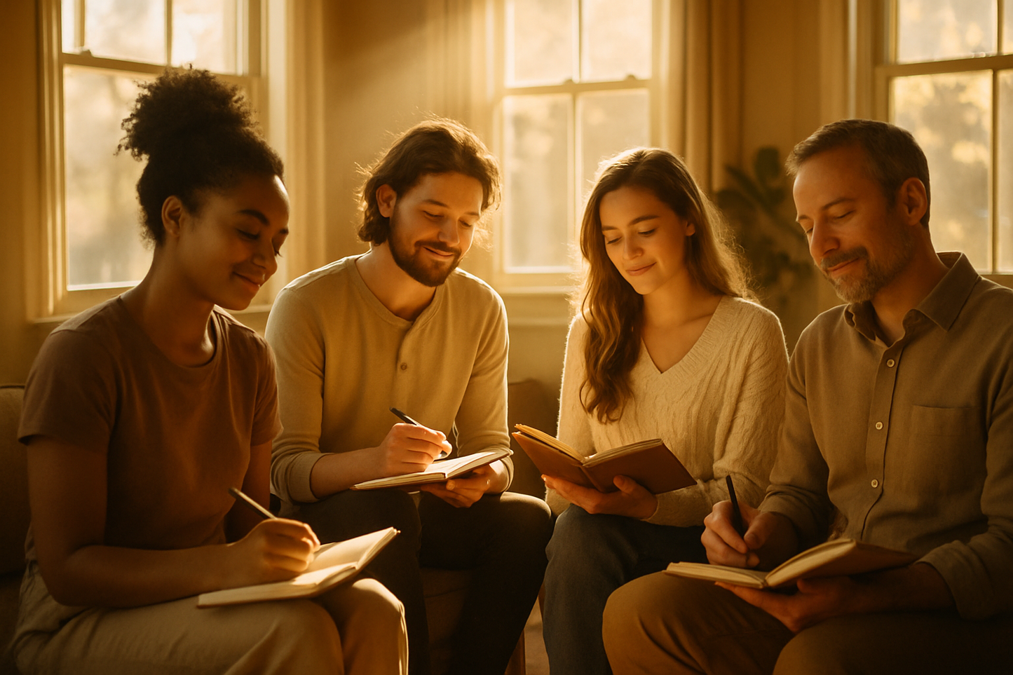 A small group of people (3–5) sitting together, journaling and looking happy and reflecting in a bright, warm, sunlit room. Each person is focused, thoughtful, and engaged in their own process, symbolizing personal growth, identity shift, and the journey of becoming. Calm, inspiring, and authentic atmosphere.